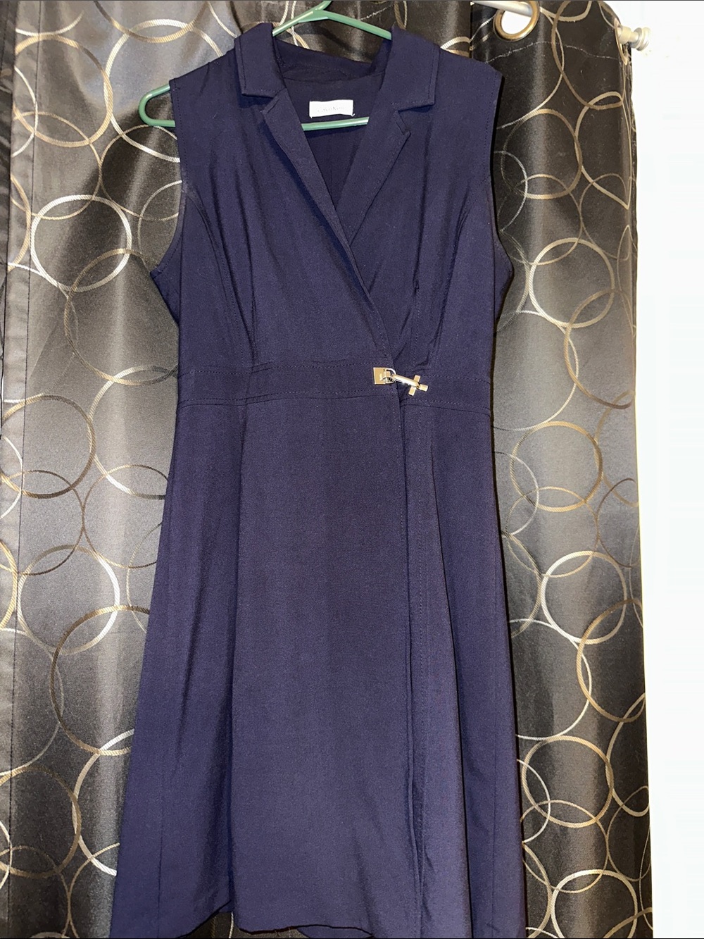 Calvin Klein Sleeveless Navy Wrap Dress with Gold Buckle